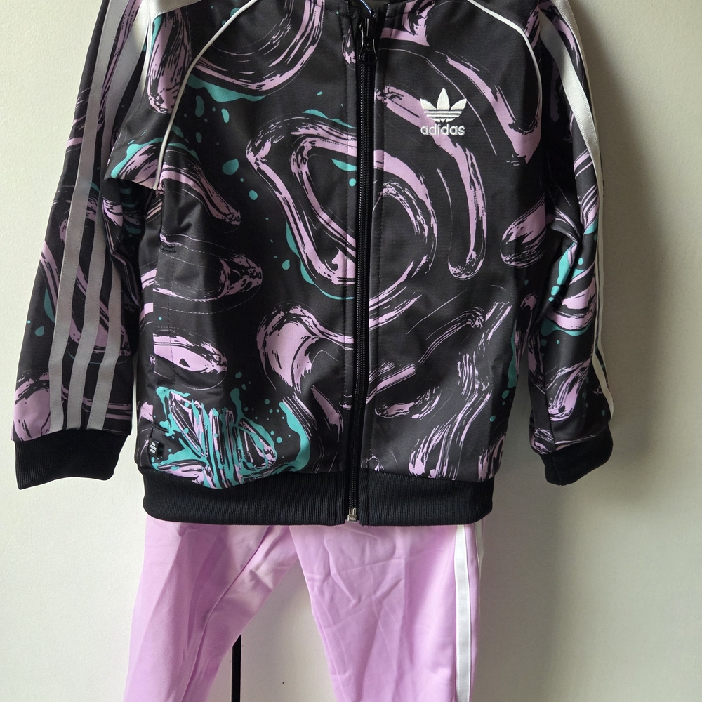 Adidas Kids Swirl Print Jacket in Black and Pink With Matching Sweatpants